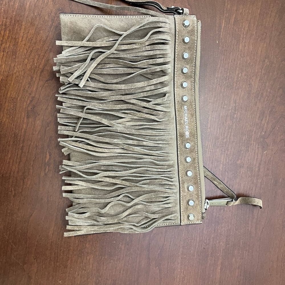 Michael Kors Suede Fringe Wristlet in Taupe